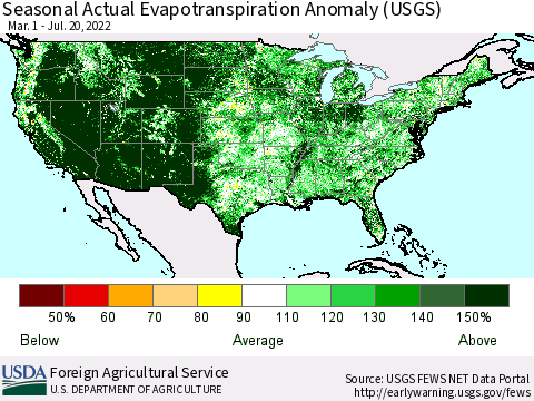 United States Seasonal Actual Evapotranspiration Anomaly (USGS) Thematic Map For 3/1/2022 - 7/20/2022