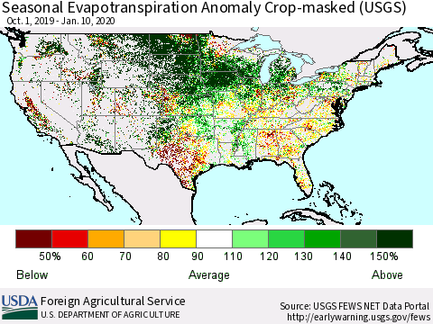 United States Seasonal Actual Evapotranspiration Anomaly over Croplands (USGS) Thematic Map For 9/1/2019 - 1/10/2020