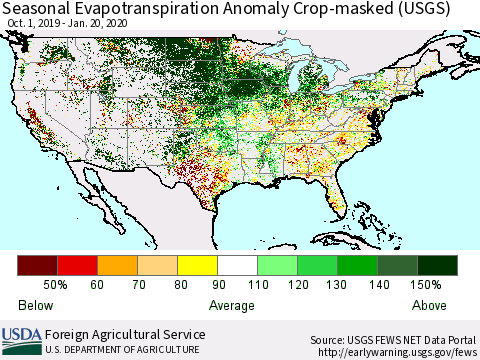 United States Seasonal Actual Evapotranspiration Anomaly over Croplands (USGS) Thematic Map For 9/1/2019 - 1/20/2020