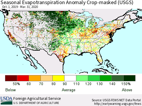 United States Seasonal Actual Evapotranspiration Anomaly over Croplands (USGS) Thematic Map For 9/1/2019 - 3/31/2020
