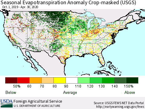 United States Seasonal Actual Evapotranspiration Anomaly over Croplands (USGS) Thematic Map For 9/1/2019 - 4/30/2020