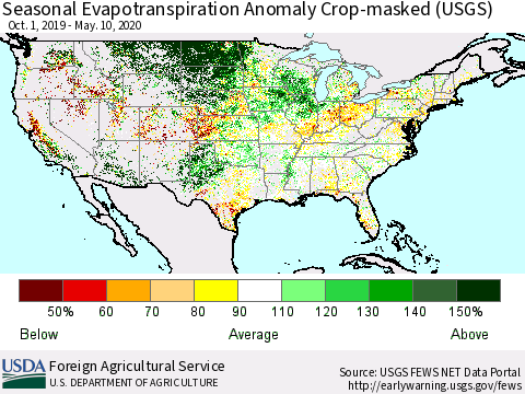 United States Seasonal Actual Evapotranspiration Anomaly over Croplands (USGS) Thematic Map For 9/1/2019 - 5/10/2020