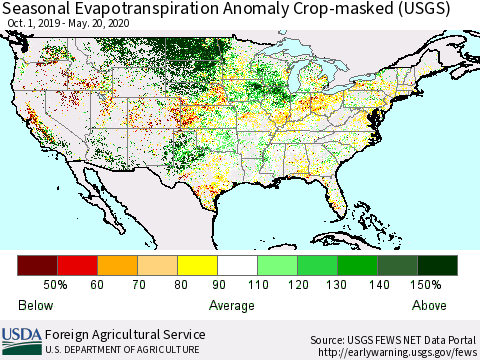 United States Seasonal Actual Evapotranspiration Anomaly over Croplands (USGS) Thematic Map For 9/1/2019 - 5/20/2020