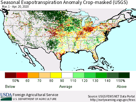 United States Seasonal Actual Evapotranspiration Anomaly over Croplands (USGS) Thematic Map For 3/1/2020 - 4/20/2020