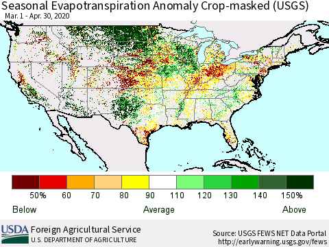 United States Seasonal Actual Evapotranspiration Anomaly over Croplands (USGS) Thematic Map For 3/1/2020 - 4/30/2020