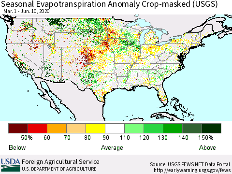 United States Seasonal Actual Evapotranspiration Anomaly over Croplands (USGS) Thematic Map For 3/1/2020 - 6/10/2020