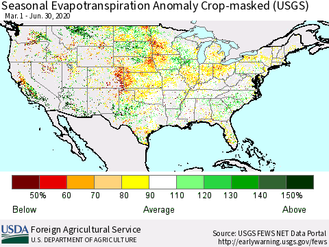 United States Seasonal Actual Evapotranspiration Anomaly over Croplands (USGS) Thematic Map For 3/1/2020 - 6/30/2020
