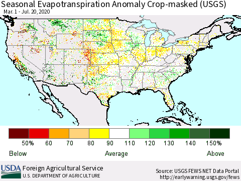 United States Seasonal Actual Evapotranspiration Anomaly over Croplands (USGS) Thematic Map For 3/1/2020 - 7/20/2020