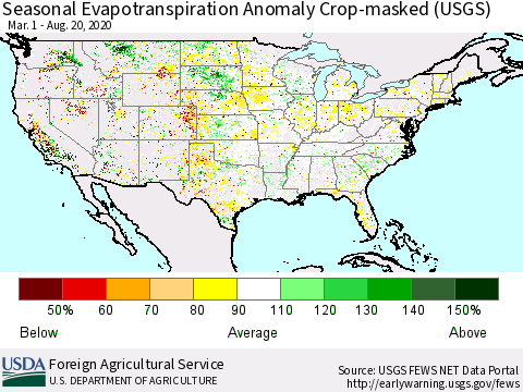United States Seasonal Actual Evapotranspiration Anomaly over Croplands (USGS) Thematic Map For 3/1/2020 - 8/20/2020