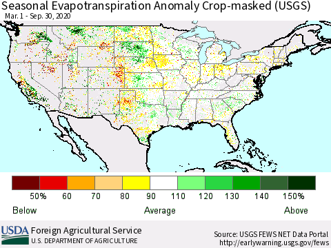 United States Seasonal Actual Evapotranspiration Anomaly over Croplands (USGS) Thematic Map For 3/1/2020 - 9/30/2020
