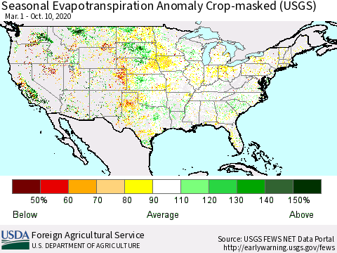 United States Seasonal Actual Evapotranspiration Anomaly over Croplands (USGS) Thematic Map For 3/1/2020 - 10/10/2020