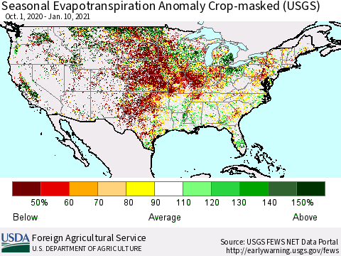 United States Seasonal Actual Evapotranspiration Anomaly over Croplands (USGS) Thematic Map For 9/1/2020 - 1/10/2021