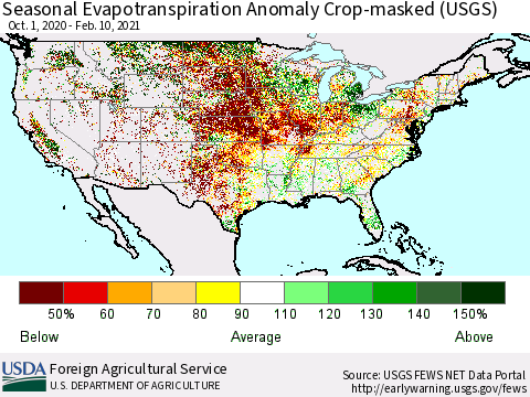 United States Seasonal Actual Evapotranspiration Anomaly over Croplands (USGS) Thematic Map For 9/1/2020 - 2/10/2021