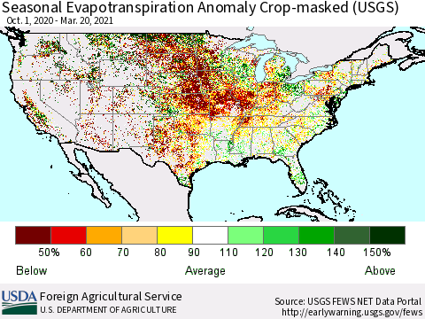United States Seasonal Actual Evapotranspiration Anomaly over Croplands (USGS) Thematic Map For 9/1/2020 - 3/20/2021