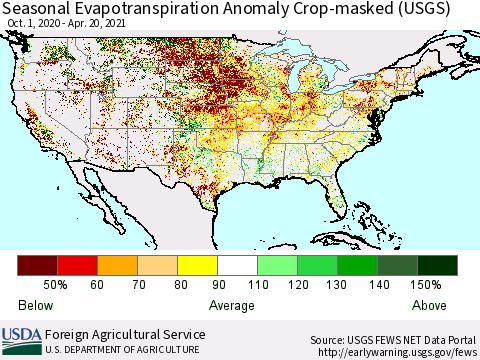 United States Seasonal Actual Evapotranspiration Anomaly over Croplands (USGS) Thematic Map For 9/1/2020 - 4/20/2021