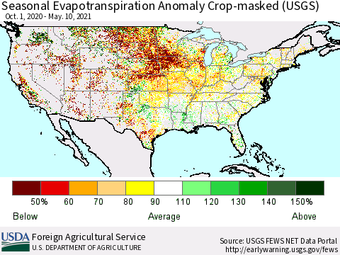 United States Seasonal Actual Evapotranspiration Anomaly over Croplands (USGS) Thematic Map For 9/1/2020 - 5/10/2021