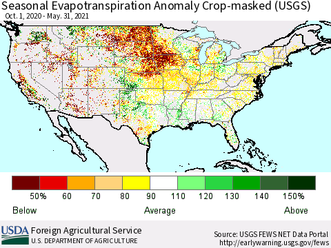 United States Seasonal Actual Evapotranspiration Anomaly over Croplands (USGS) Thematic Map For 9/1/2020 - 5/31/2021