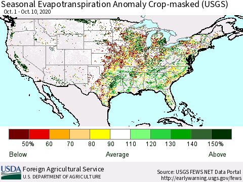 United States Seasonal Actual Evapotranspiration Anomaly over Croplands (USGS) Thematic Map For 9/1/2020 - 10/10/2020