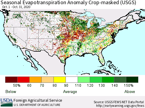 United States Seasonal Actual Evapotranspiration Anomaly over Croplands (USGS) Thematic Map For 9/1/2020 - 10/31/2020