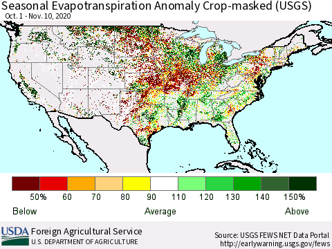 United States Seasonal Actual Evapotranspiration Anomaly over Croplands (USGS) Thematic Map For 9/1/2020 - 11/10/2020