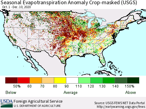 United States Seasonal Actual Evapotranspiration Anomaly over Croplands (USGS) Thematic Map For 9/1/2020 - 12/10/2020
