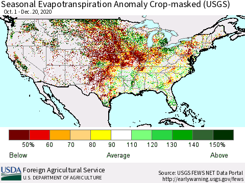 United States Seasonal Actual Evapotranspiration Anomaly over Croplands (USGS) Thematic Map For 9/1/2020 - 12/20/2020