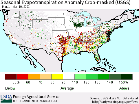 United States Seasonal Actual Evapotranspiration Anomaly over Croplands (USGS) Thematic Map For 3/1/2021 - 3/10/2021