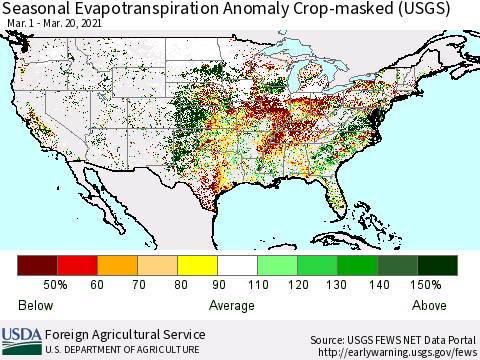 United States Seasonal Actual Evapotranspiration Anomaly over Croplands (USGS) Thematic Map For 3/1/2021 - 3/20/2021