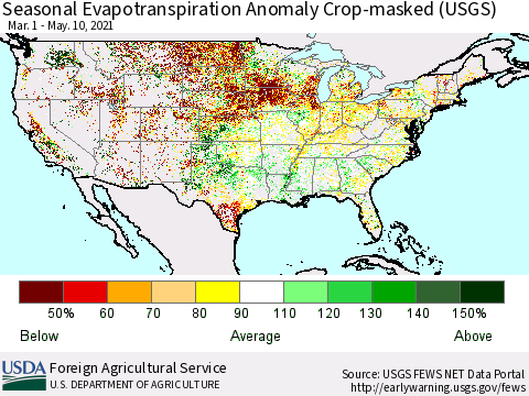United States Seasonal Actual Evapotranspiration Anomaly over Croplands (USGS) Thematic Map For 3/1/2021 - 5/10/2021