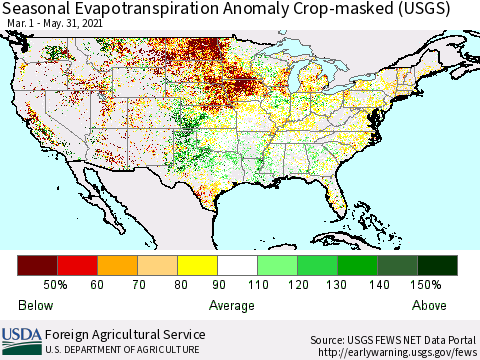 United States Seasonal Actual Evapotranspiration Anomaly over Croplands (USGS) Thematic Map For 3/1/2021 - 5/31/2021