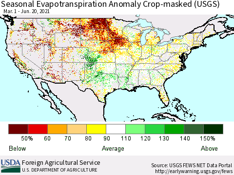 United States Seasonal Actual Evapotranspiration Anomaly over Croplands (USGS) Thematic Map For 3/1/2021 - 6/20/2021