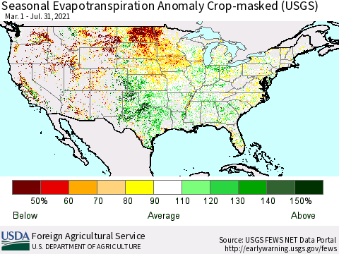 United States Seasonal Actual Evapotranspiration Anomaly over Croplands (USGS) Thematic Map For 3/1/2021 - 7/31/2021