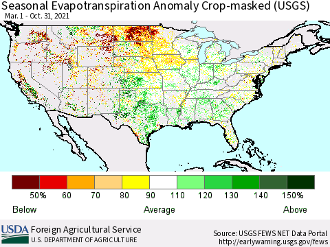United States Seasonal Actual Evapotranspiration Anomaly over Croplands (USGS) Thematic Map For 3/1/2021 - 10/31/2021