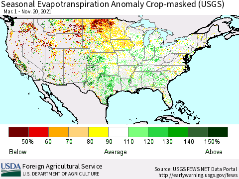 United States Seasonal Actual Evapotranspiration Anomaly over Croplands (USGS) Thematic Map For 3/1/2021 - 11/20/2021