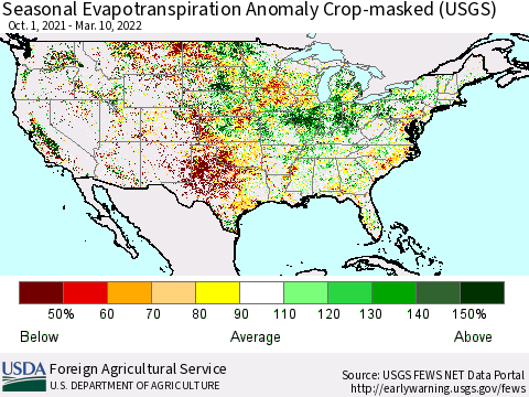 United States Seasonal Actual Evapotranspiration Anomaly over Croplands (USGS) Thematic Map For 9/1/2021 - 3/10/2022