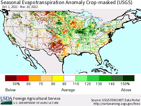 United States Seasonal Actual Evapotranspiration Anomaly over Croplands (USGS) Thematic Map For 9/1/2021 - 3/20/2022