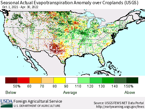 United States Seasonal Actual Evapotranspiration Anomaly over Croplands (USGS) Thematic Map For 9/1/2021 - 4/30/2022