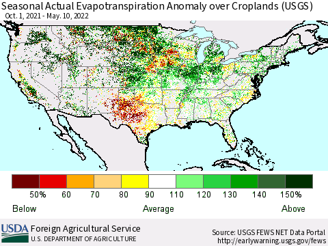 United States Seasonal Actual Evapotranspiration Anomaly over Croplands (USGS) Thematic Map For 9/1/2021 - 5/10/2022