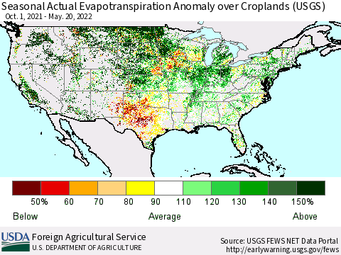 United States Seasonal Actual Evapotranspiration Anomaly over Croplands (USGS) Thematic Map For 9/1/2021 - 5/20/2022