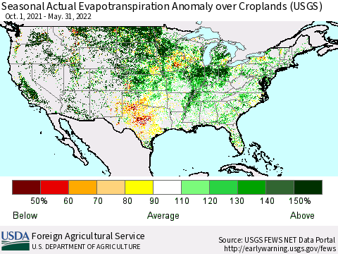United States Seasonal Actual Evapotranspiration Anomaly over Croplands (USGS) Thematic Map For 9/1/2021 - 5/31/2022