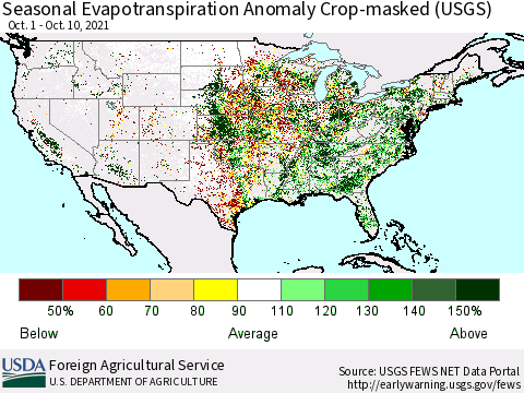 United States Seasonal Actual Evapotranspiration Anomaly over Croplands (USGS) Thematic Map For 9/1/2021 - 10/10/2021