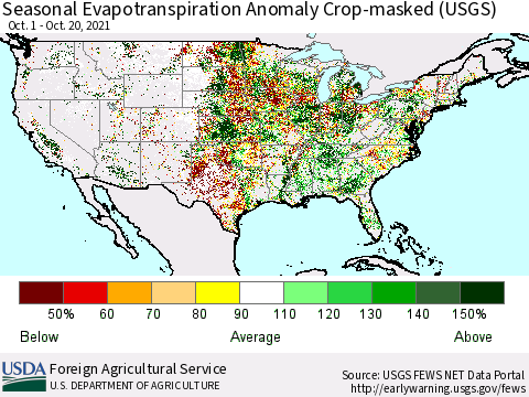 United States Seasonal Actual Evapotranspiration Anomaly over Croplands (USGS) Thematic Map For 9/1/2021 - 10/20/2021