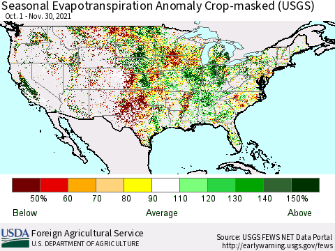 United States Seasonal Actual Evapotranspiration Anomaly over Croplands (USGS) Thematic Map For 9/1/2021 - 11/30/2021