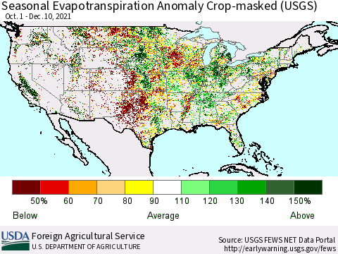 United States Seasonal Actual Evapotranspiration Anomaly over Croplands (USGS) Thematic Map For 9/1/2021 - 12/10/2021