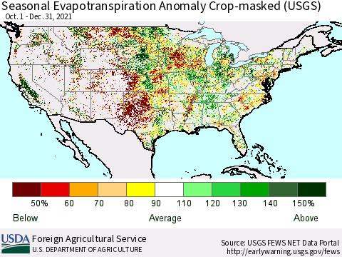United States Seasonal Actual Evapotranspiration Anomaly over Croplands (USGS) Thematic Map For 9/1/2021 - 12/31/2021
