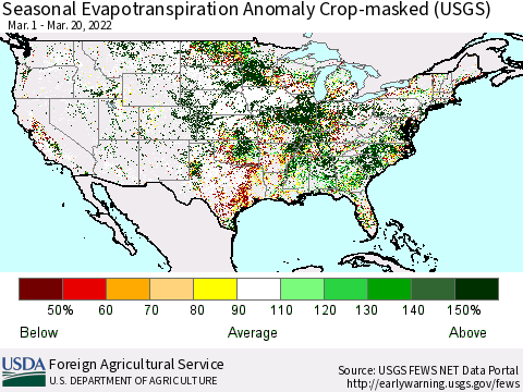 United States Seasonal Actual Evapotranspiration Anomaly over Croplands (USGS) Thematic Map For 3/1/2022 - 3/20/2022