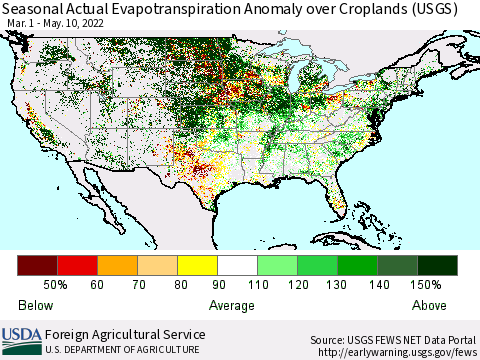 United States Seasonal Actual Evapotranspiration Anomaly over Croplands (USGS) Thematic Map For 3/1/2022 - 5/10/2022