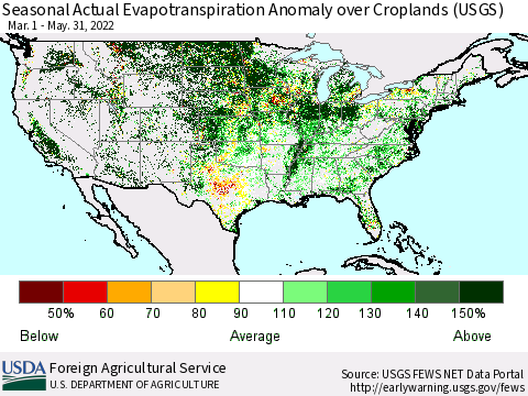 United States Seasonal Actual Evapotranspiration Anomaly over Croplands (USGS) Thematic Map For 3/1/2022 - 5/31/2022