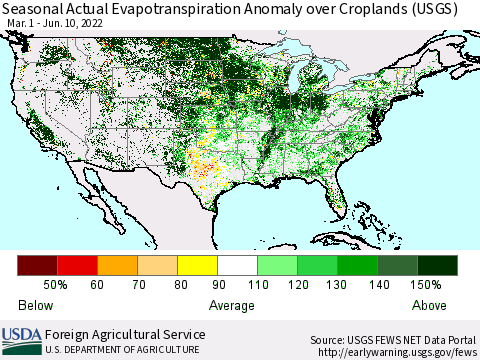 United States Seasonal Actual Evapotranspiration Anomaly over Croplands (USGS) Thematic Map For 3/1/2022 - 6/10/2022