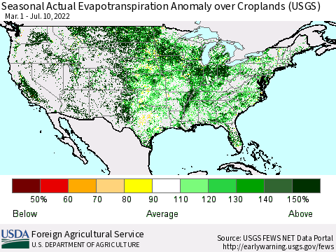 United States Seasonal Actual Evapotranspiration Anomaly over Croplands (USGS) Thematic Map For 3/1/2022 - 7/10/2022